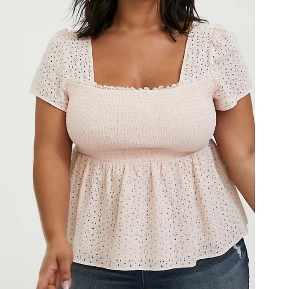 torrid Tops - LIGHT PINK EYELET SMOCKED MIDI PEPLUM TOP